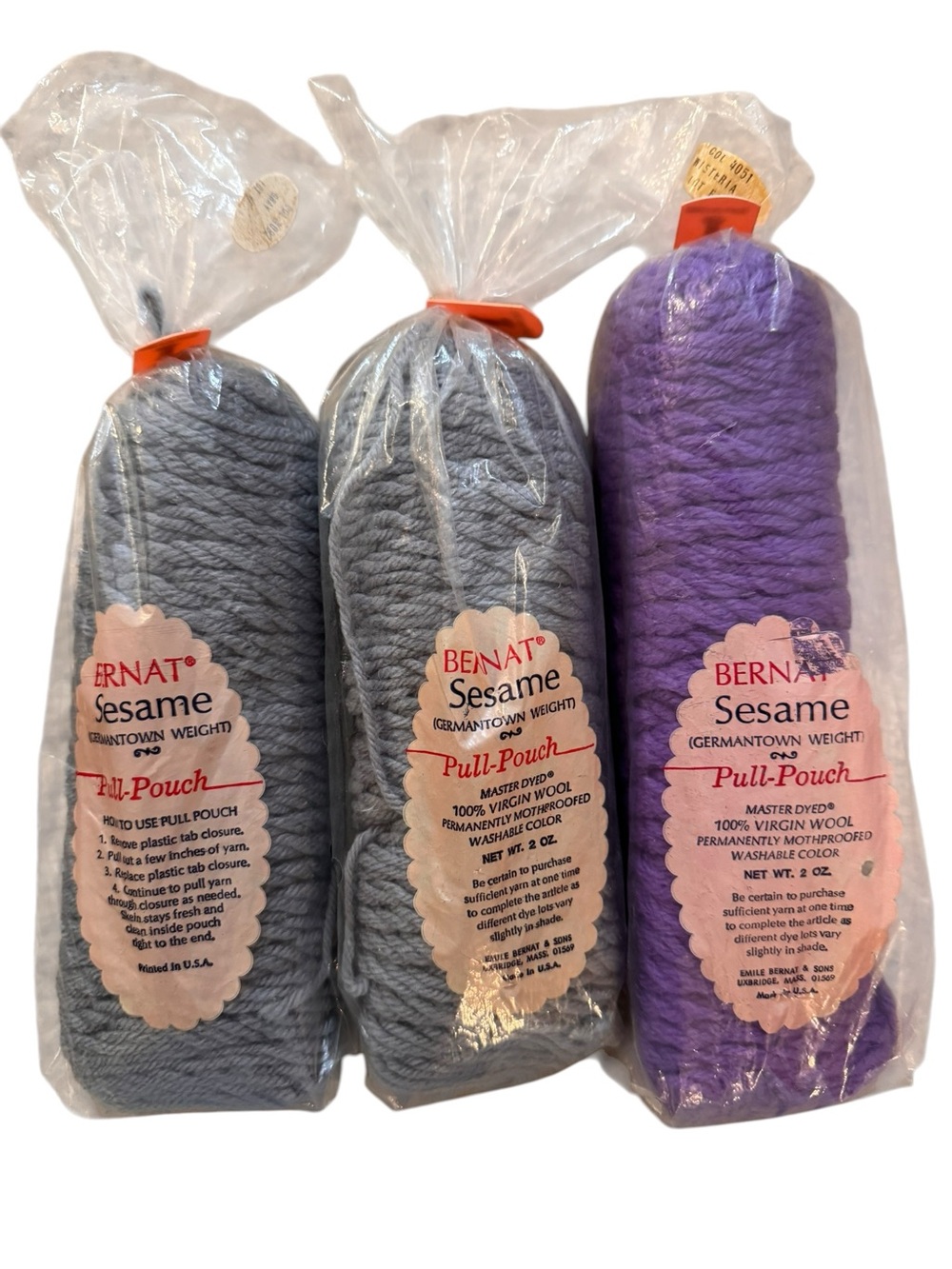 Bernat Sesame 100% Wool 3 Skeins Yarn Germantown Weight 2oz Gray Purple New VTG
